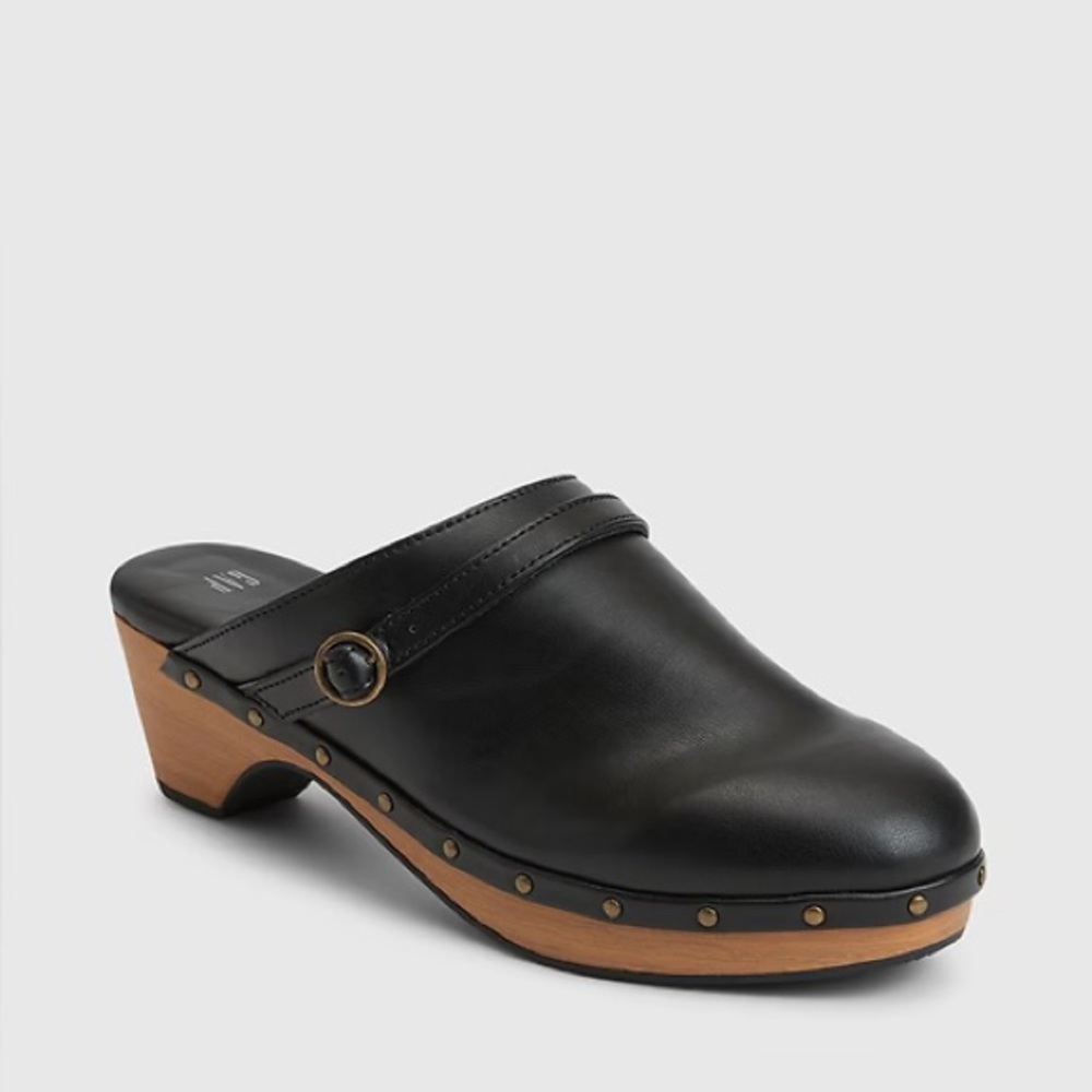 GAP Black Leather Mules with Wooden Heel